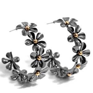 Floral Black and Gold Hoop Earrings